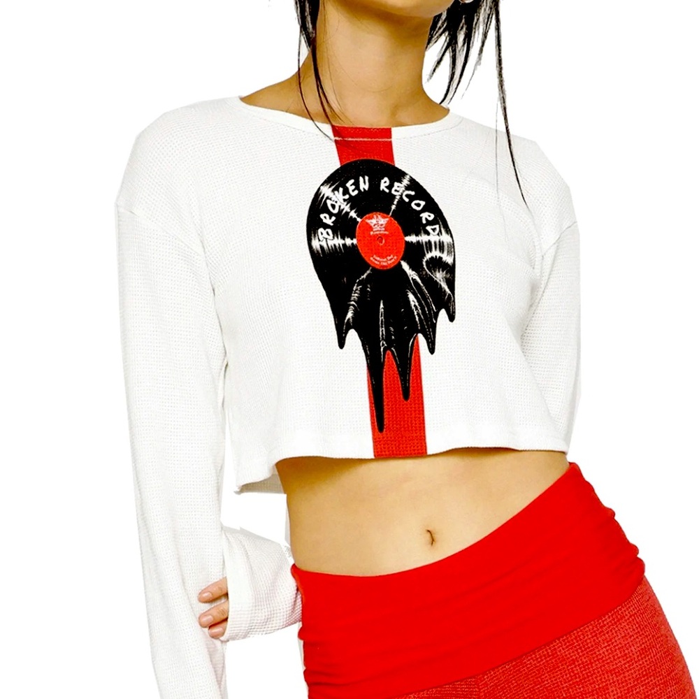 Women's White Cropped Long-Sleeve Top with Red Graphic